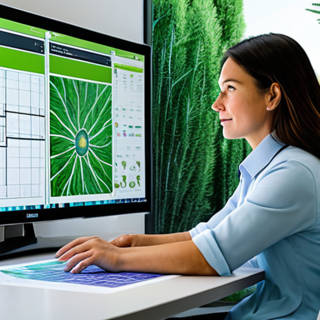 A professional female landscape architect, fully clothed in modest business attire, is seated at a modern design table. She meticulously reviews digital blueprints for a sustainable desert garden on a large, glowing monitor, her well-formed hands gesturing towards a detailed 3D rendering. Adjacent screens display smart irrigation schematics and regional climate data. The studio is bright and minimalist, with large windows revealing a vibrant, lush green outdoor space, symbolizing successful projects. The image highlights the fusion of deep knowledge, cutting-edge technology, and artistic vision in contemporary landscape design. safe for work, appropriate content, fully clothed, professional, perfect anatomy, correct proportions, natural pose, natural body proportions, high quality, professional photography.