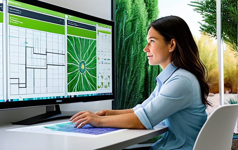 A professional female landscape architect, fully clothed in modest business attire, is seated at a modern design table. She meticulously reviews digital blueprints for a sustainable desert garden on a large, glowing monitor, her well-formed hands gesturing towards a detailed 3D rendering. Adjacent screens display smart irrigation schematics and regional climate data. The studio is bright and minimalist, with large windows revealing a vibrant, lush green outdoor space, symbolizing successful projects. The image highlights the fusion of deep knowledge, cutting-edge technology, and artistic vision in contemporary landscape design. safe for work, appropriate content, fully clothed, professional, perfect anatomy, correct proportions, natural pose, natural body proportions, high quality, professional photography.