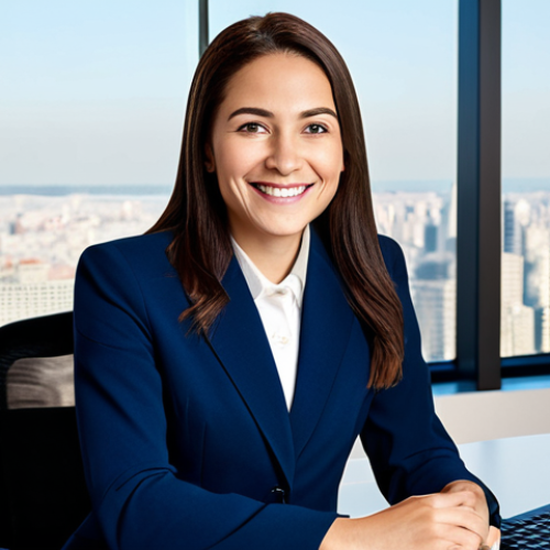 Home 17 Modern Office Portrait**
"A professional businesswoman in a modest, dark blue business suit, sitting at a clean desk in a bright, modern office overlooking a cityscape. She is smiling confidently. Fully clothed, appropriate attire, safe for work. Perfect anatomy, correct proportions, natural pose. Professional corporate photography, high quality, family-friendly."
**