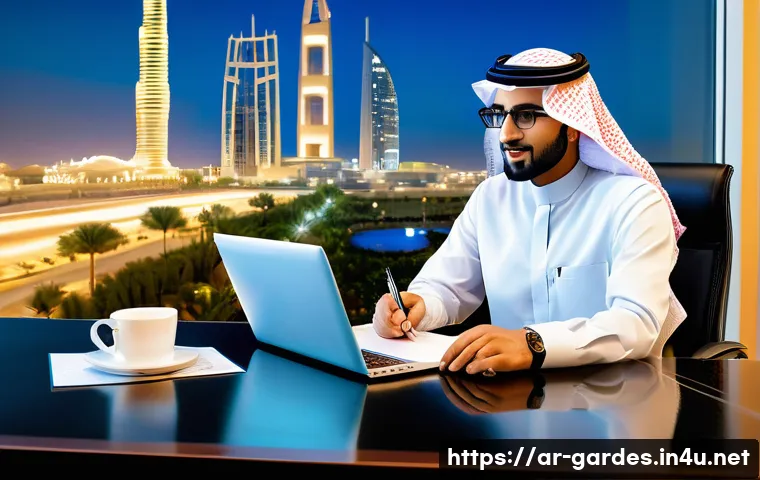 원예디자이너 연봉 협상 경험담 - A professional Saudi garden designer in a modern Riyadh office, wearing smart business casual attire...
