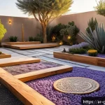 Home 18 원예디자이너 실무에서의 문제 해결 전략 - A serene Arabic garden at golden hour, featuring a harmonious blend of natural stone pathways and wa...