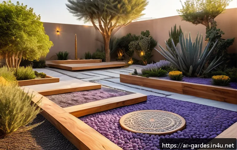 원예디자이너 실무에서의 문제 해결 전략 - A serene Arabic garden at golden hour, featuring a harmonious blend of natural stone pathways and wa...